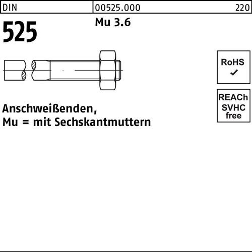 Anschweißende DIN 525 Sechskantmutter M8x 140/40 Mu 3.6 100 Stück
