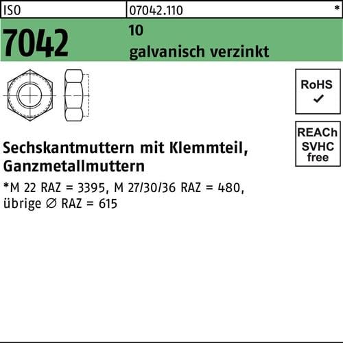 Sechskantmutter ISO 7042 Klemmteil M20 10 galv.verz. 50 Stück