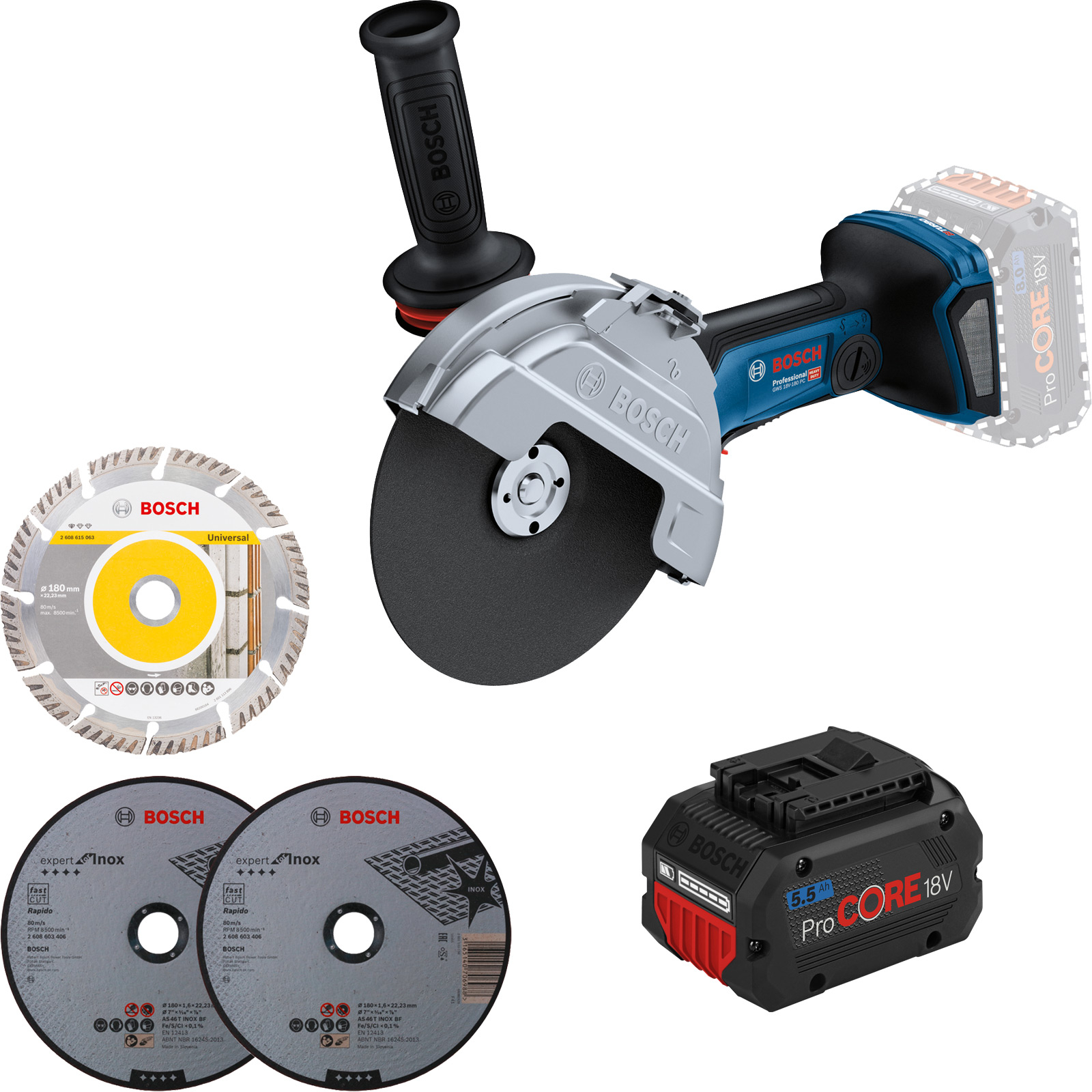 Bosch Akku-Winkelschleifer GWS 18V-180 PC Ø 180 mm / 1x 5,5 Ah ProCore