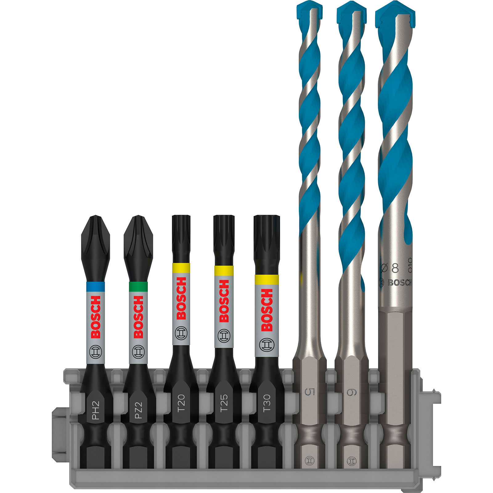 Bosch PRO Impact Set mit Multi Construction Bohrern und Pick and Click-Einsätzen PH2; PZ2; T20; T25; T30; MC 5/6/8 mm 55 mm 8-tlg. - 2608577144
