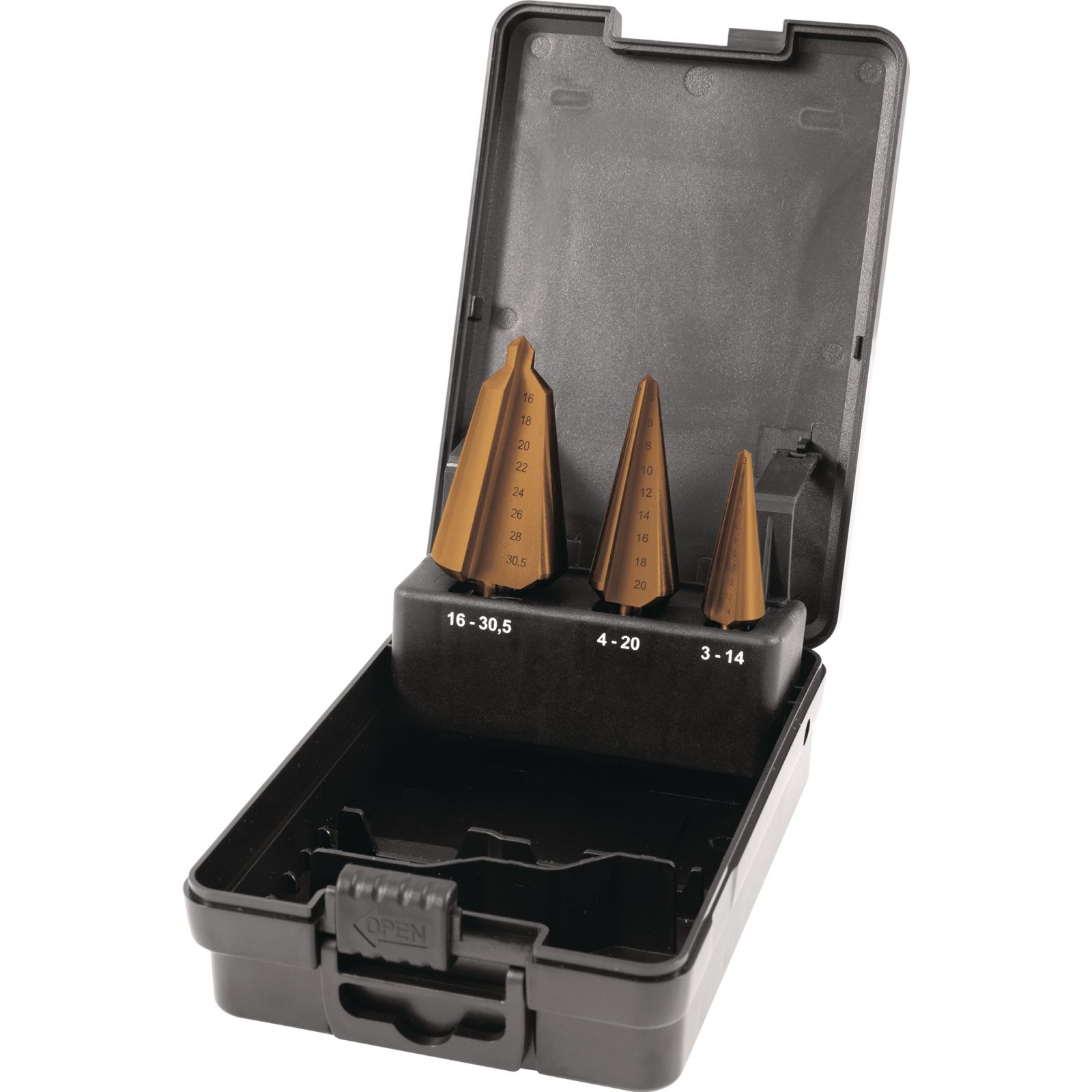 Blechschälbohrersatz 3-14/4-20/16-30,5mm HSS-TiN 3tlg.Ku.-Kass.TECWERK