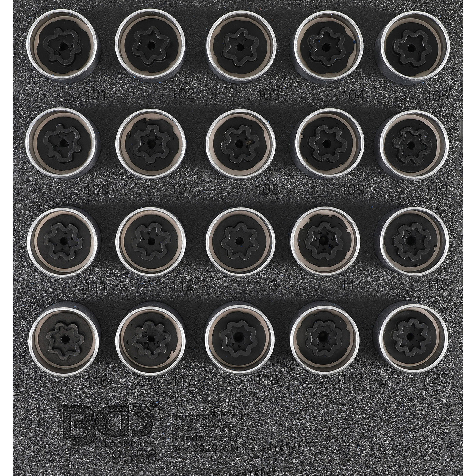 BGS Werkstattwageneinlage 1/6: Felgenschloss-Werkzeug-Satz für Opel (Typ A) 20tlg. - 9556