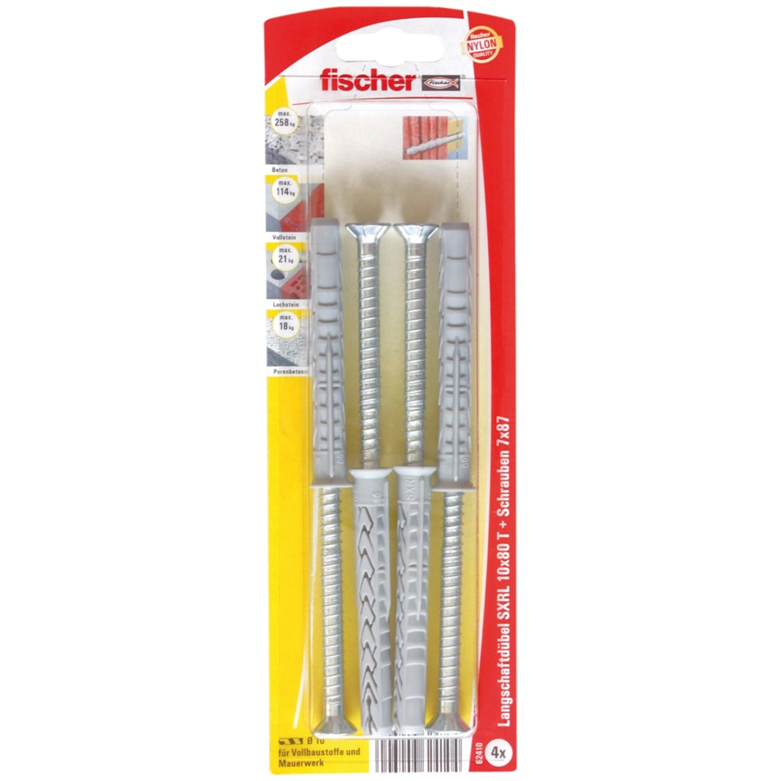 Fischer 4x Langschaftdübel SXRL 10x80 T Senkkopfschraube - 62410