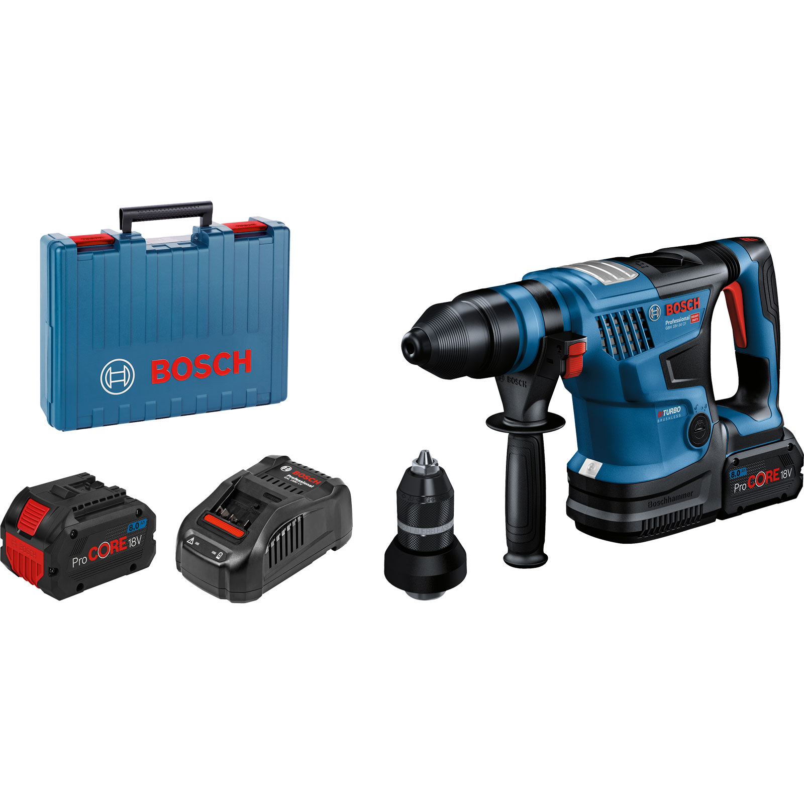 Bosch Akku-Bohrhammer BITURBO GBH 18V-34 CF mit SDS plus / 2x 8,0 Ah ProCORE18V Akku + Ladegerät inkl. Zubehör-Set in Koffer - 0611914002