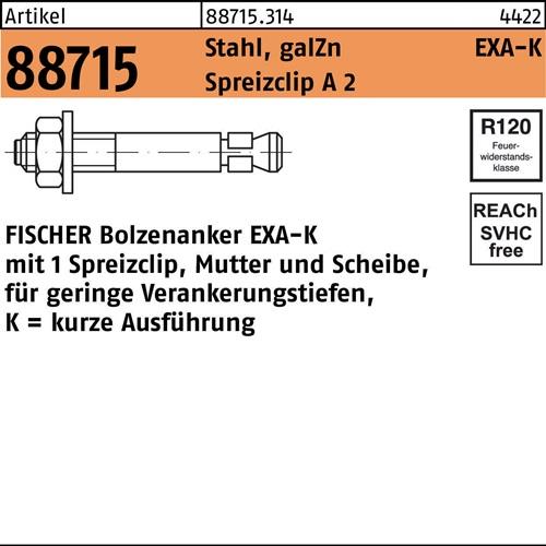 Bolzenanker R 88715 EXA M8 K Stahl galv.verz./Spreizclip A2 100St. FISCHER