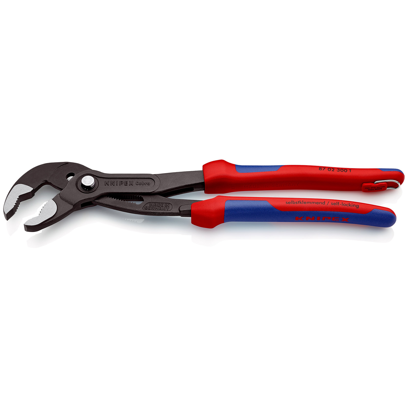 Knipex Cobra® mit Befestigungsöse grau atramentiert, mit Mehrkomponenten-Hüllen, mit integrierter Befestigungsöse zum Anbringen einer Absturzsicherung 300 mm - 8702300TBK