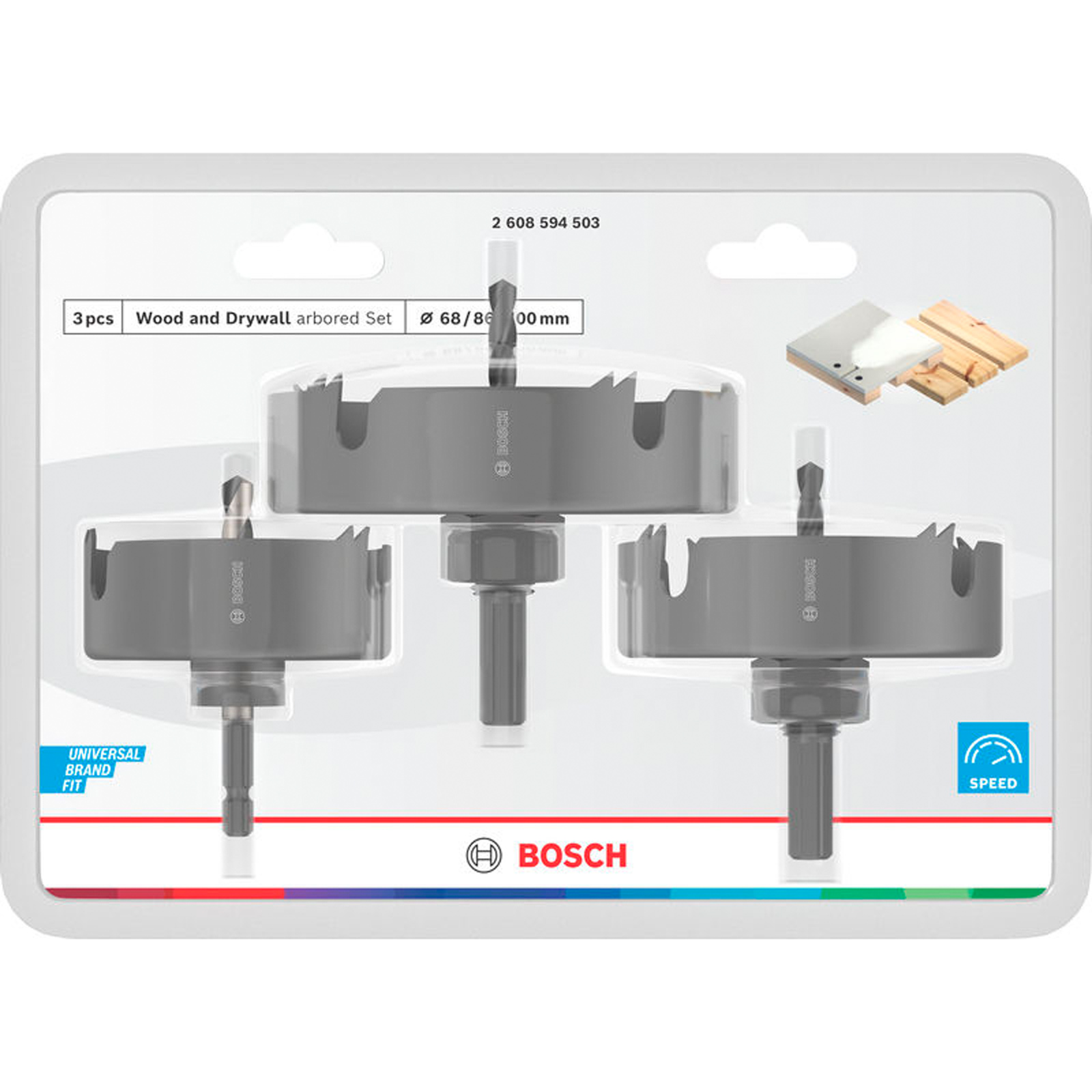 Bosch Wood and Drywall Lochsägen-Set mit Aufsteckhalter + Zentrierbohrer 68/86/100x27mm - 2608594503