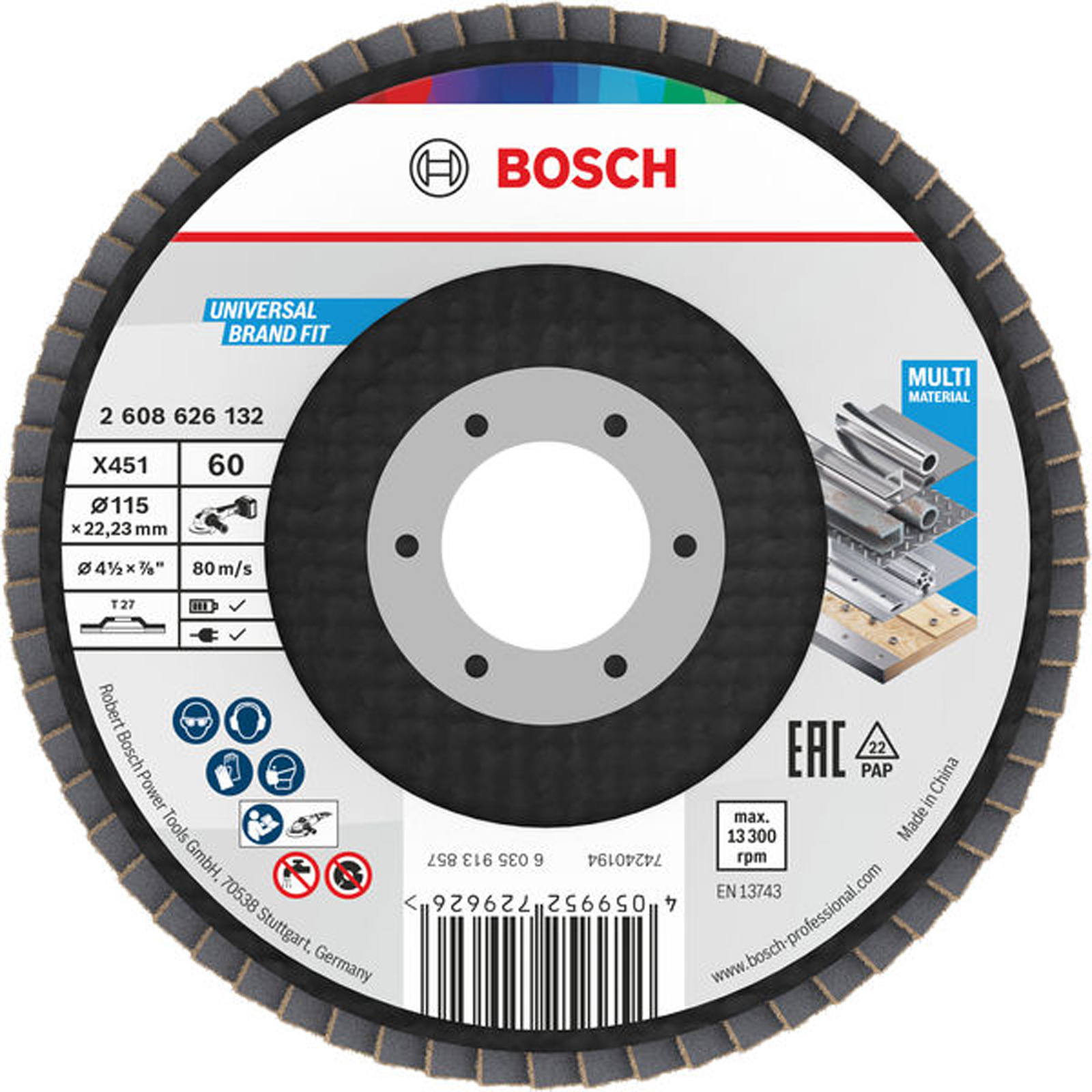 Bosch X451 Fächerschleifscheibe, 115 x 22,23 mm, K60, Z27, 15-tlg