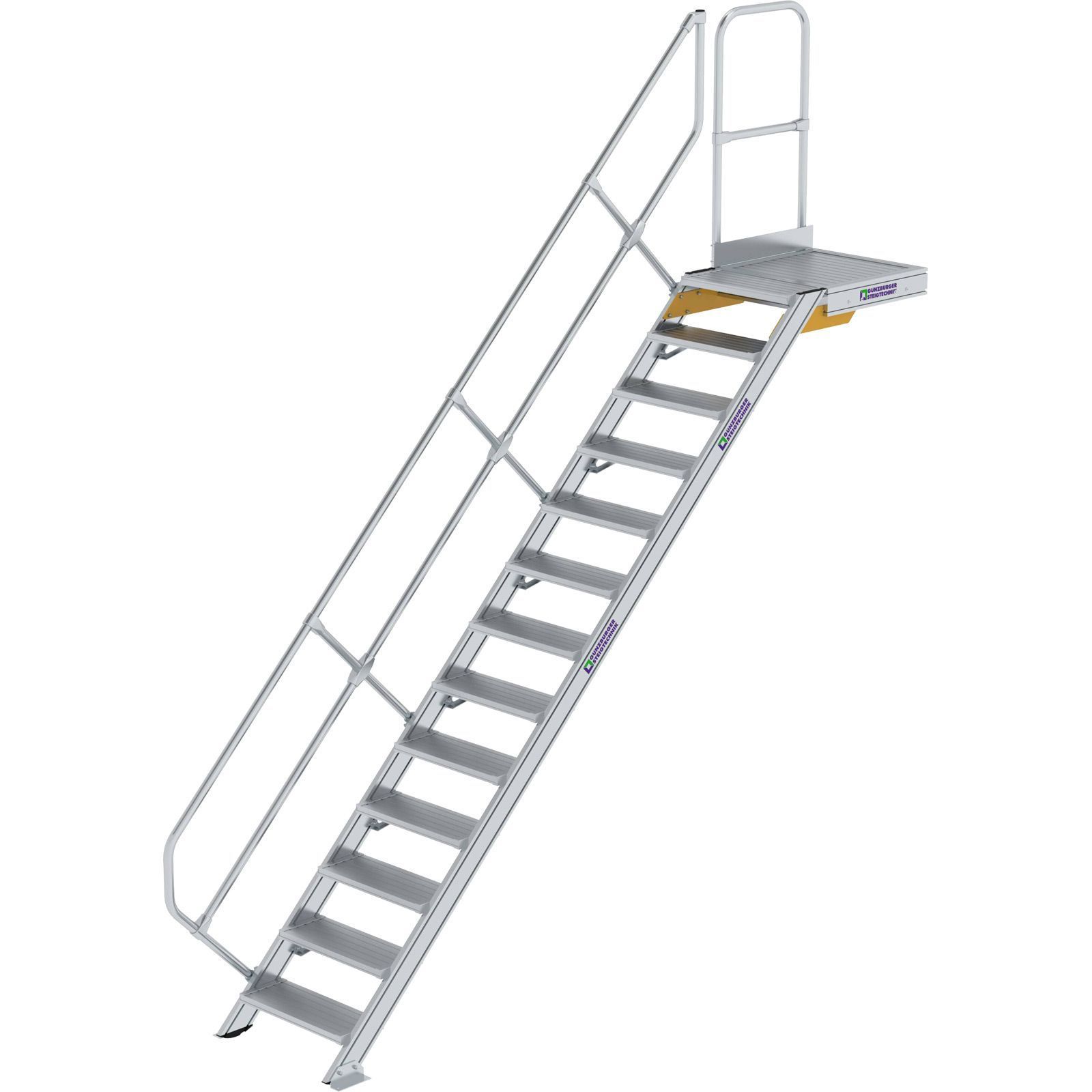 Günzburger Steigtechnik Treppe mit Plattform 45° Stufenbreite 600 mm 13 Stufen Aluminium geriffelt - 600433