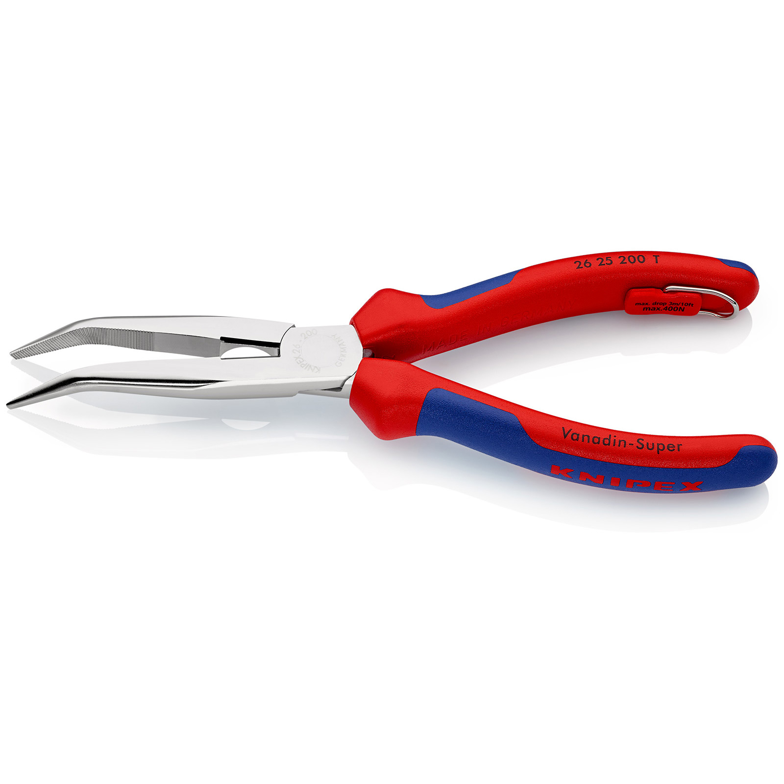 Knipex Flachrundzange mit Schneide/Befestigungsöse verchromt, mit Mehrkomponenten-Hüllen, mit integrierter Befestigungsöse zum Anbringen einer Absturzsicherung 200 mm - 2625200TBK