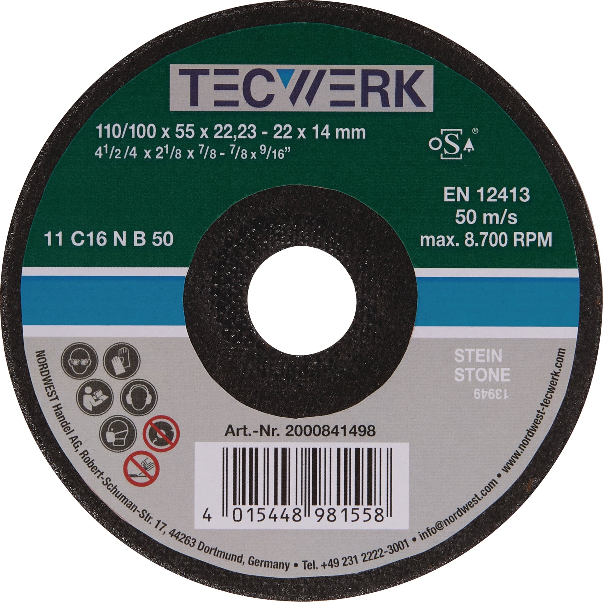 Schleiftopf C16N 110/100mm Natur- u.Kunststein,Stahlguss 16 Bohr.22,23mm TECWERK