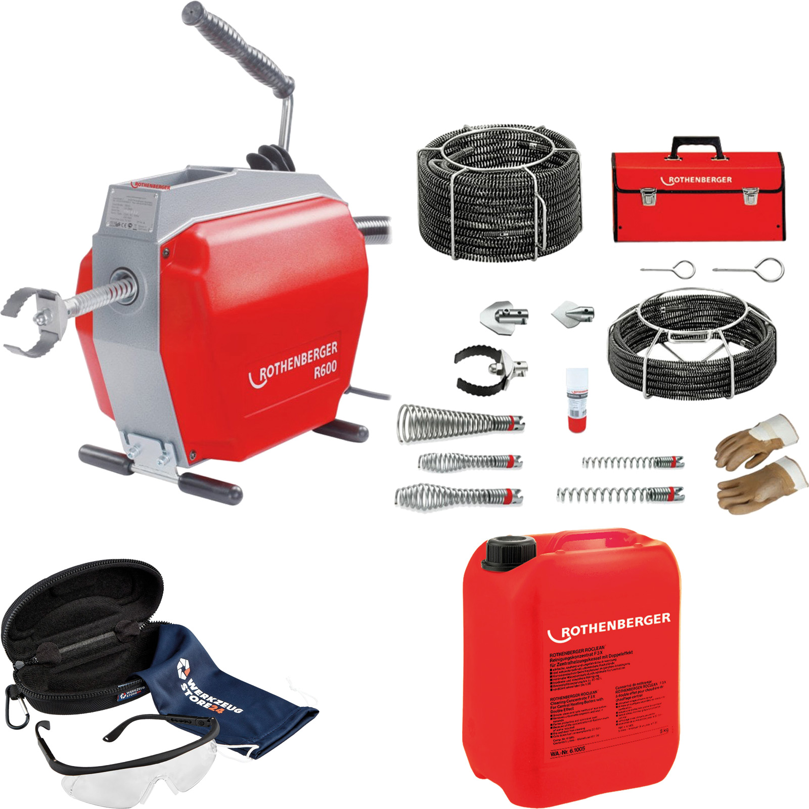 ROTHENBERGER R600 + Spiral/Werkzeugset + ROWONAL Rostlösemittel 5 l + Schutzbrille - 19173-72140-Set