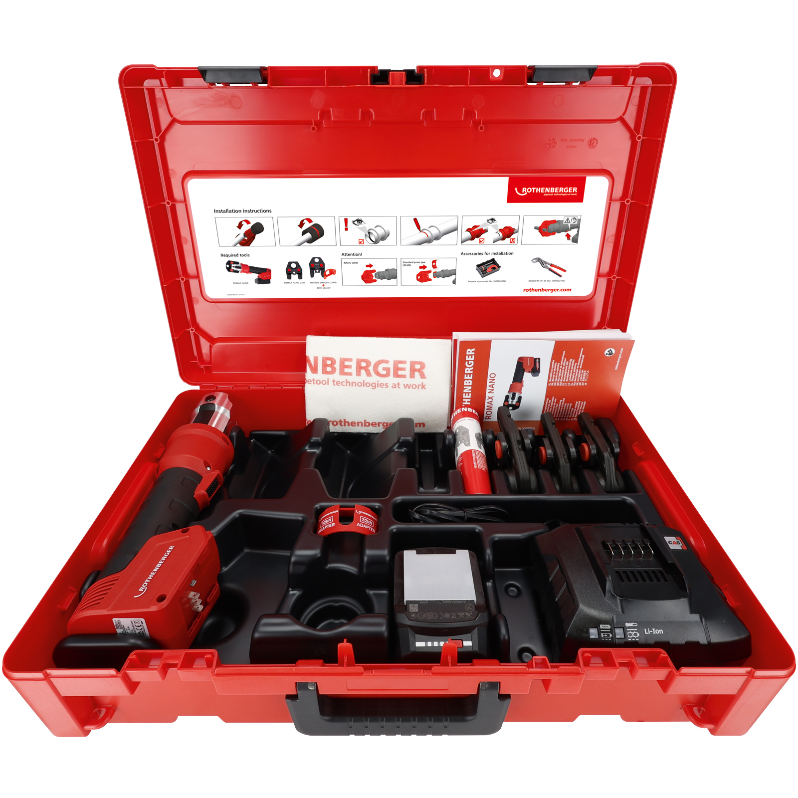 ROTHENBERGER ROMAX NANO iJAWs Set, Hybrid-Pressmaschine, U, 16-20-25mm, 2Ah, CAS - 1000005050