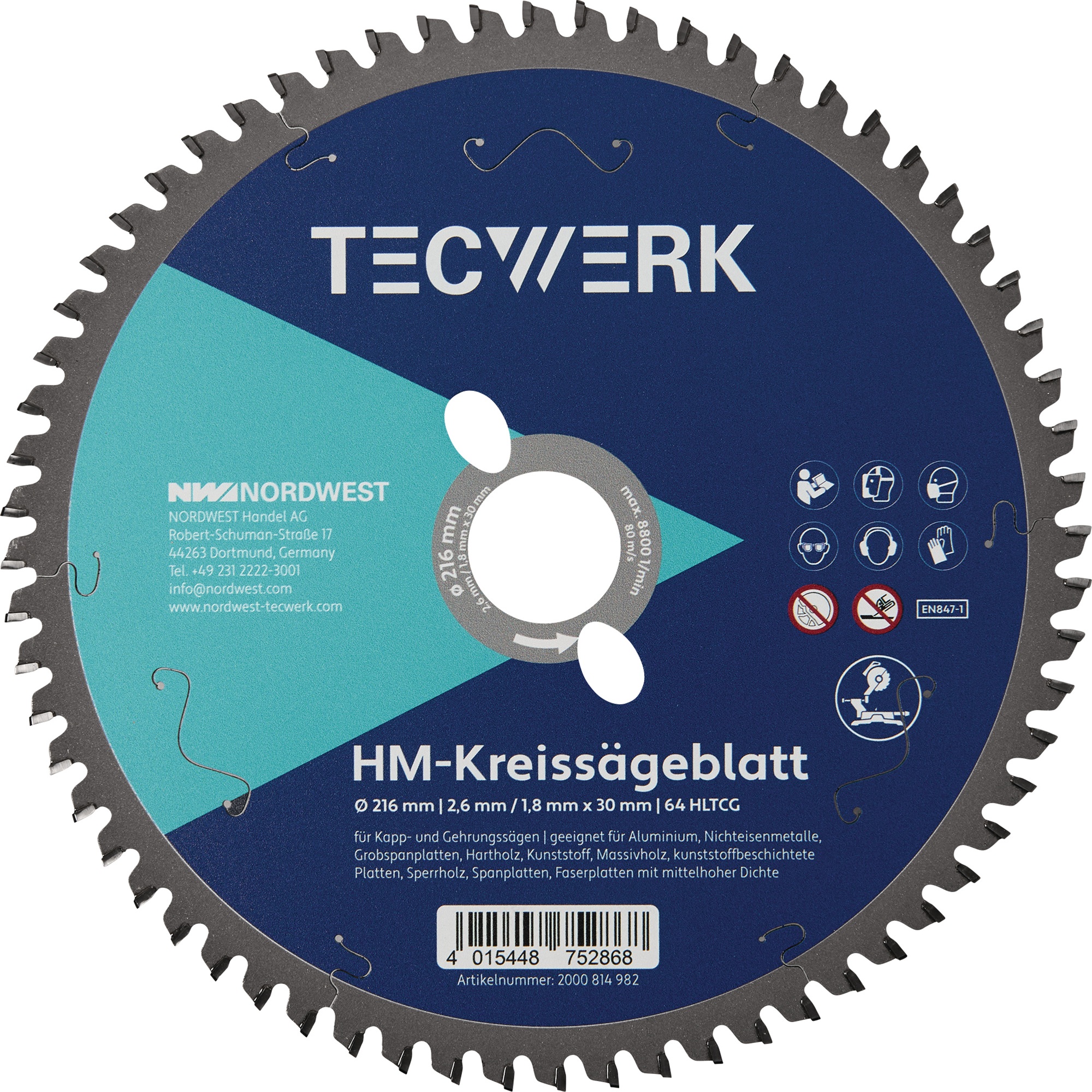 Kappkreissägeblatt AD 216mm Z.64 HLTCG Schnitt-B.2,6mm TECWERK