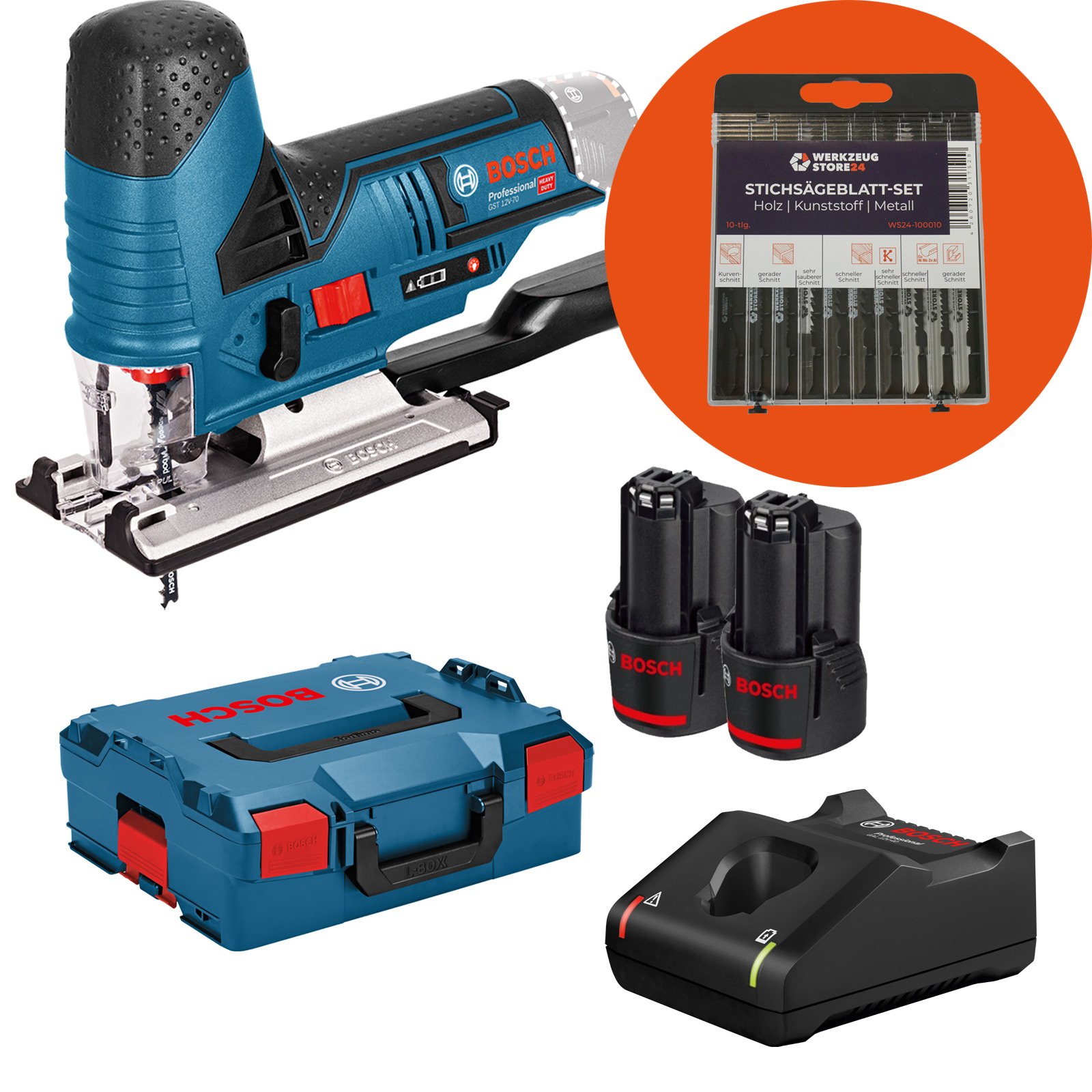 Bosch Akku-Stichsäge GST 12V-70 / 2x 2,0 Ah Akku + Ladegerät + WS24 Stichsägeblatt-Box 10tlg. Holz/Metall in L-Boxx