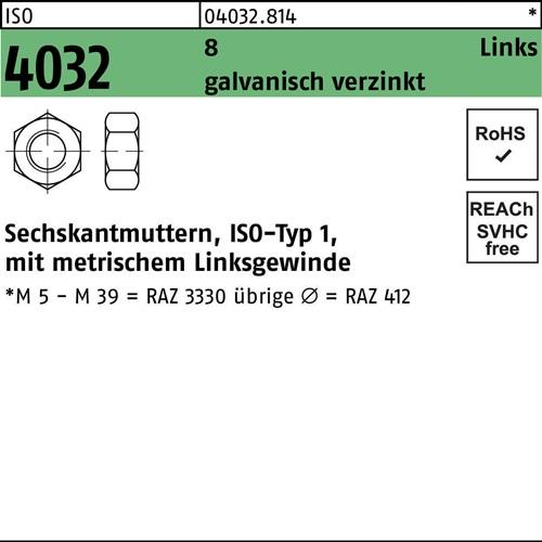 Sechskantmutter ISO 4032 links M6 8 galv.verz. 100 Stück