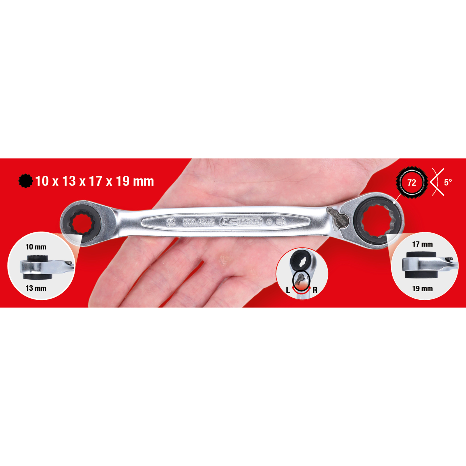 KS TOOLS 4 in 1 Gearplus umschaltbar Doppel-Ratschenringschlüssel 10 x 13 x 17 x 19 mm - 503.4565