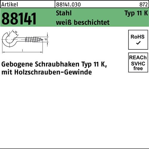 Schraubhaken R 88141 Typ 11 K gebogen 25x 2,3x 8 Stahl weiß beschichtet 100St.