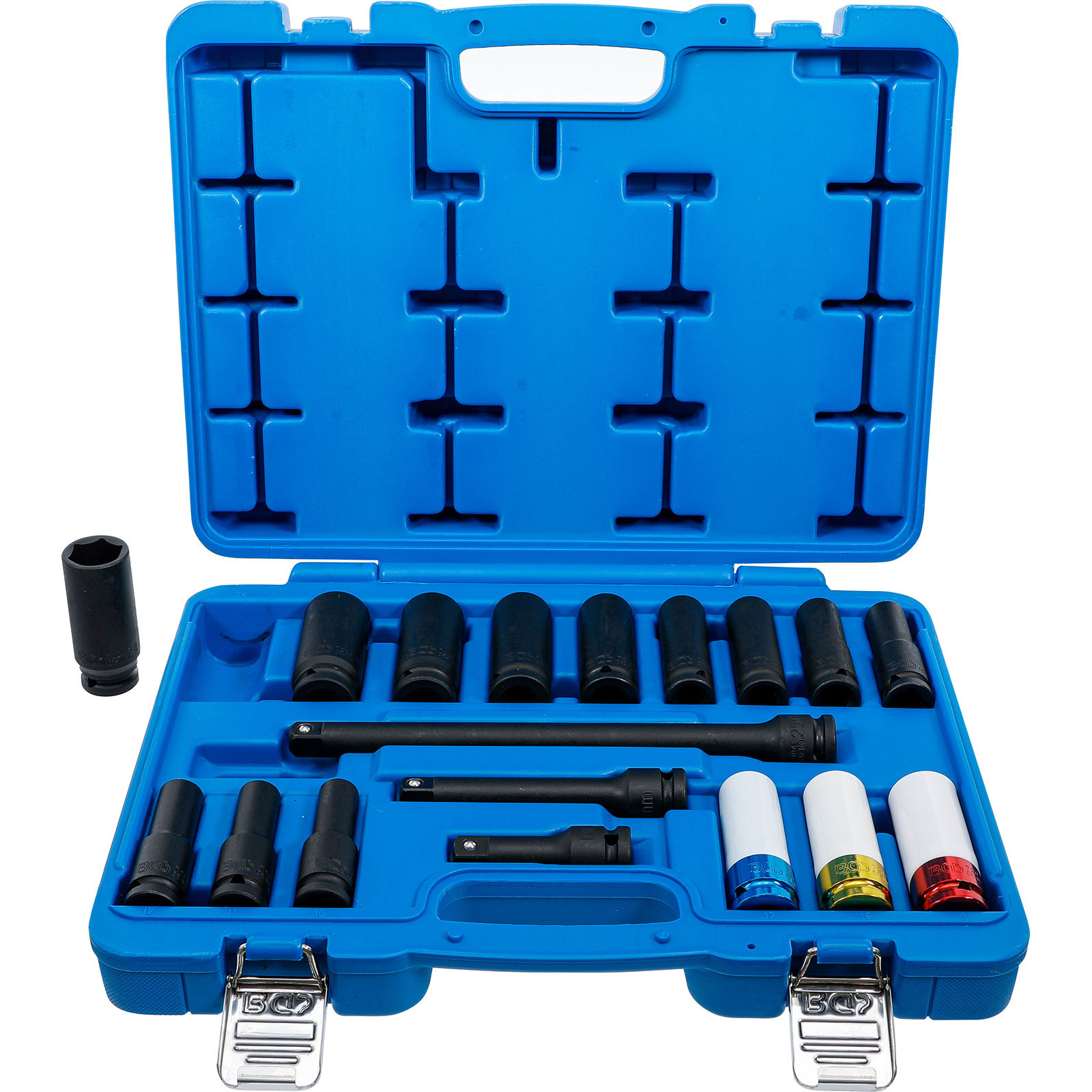 BGS Kraft-Steckschlüssel- und Kraft-Schoneinsatz-Satz Sechskant Antrieb Innenvierkant 12,5 mm (1/2") SW 10 - 24 mm 18tlg.  - 5202