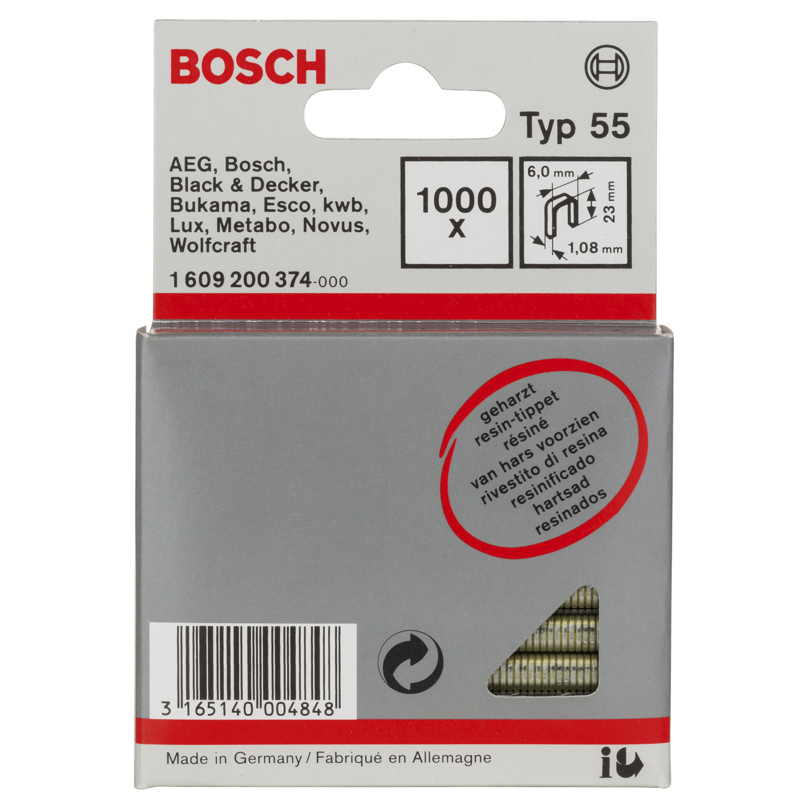 Bosch 1.000x Schmalrückenklammer Typ 55, geharzt 6 x 1,08 x 23 mm - 1609200374