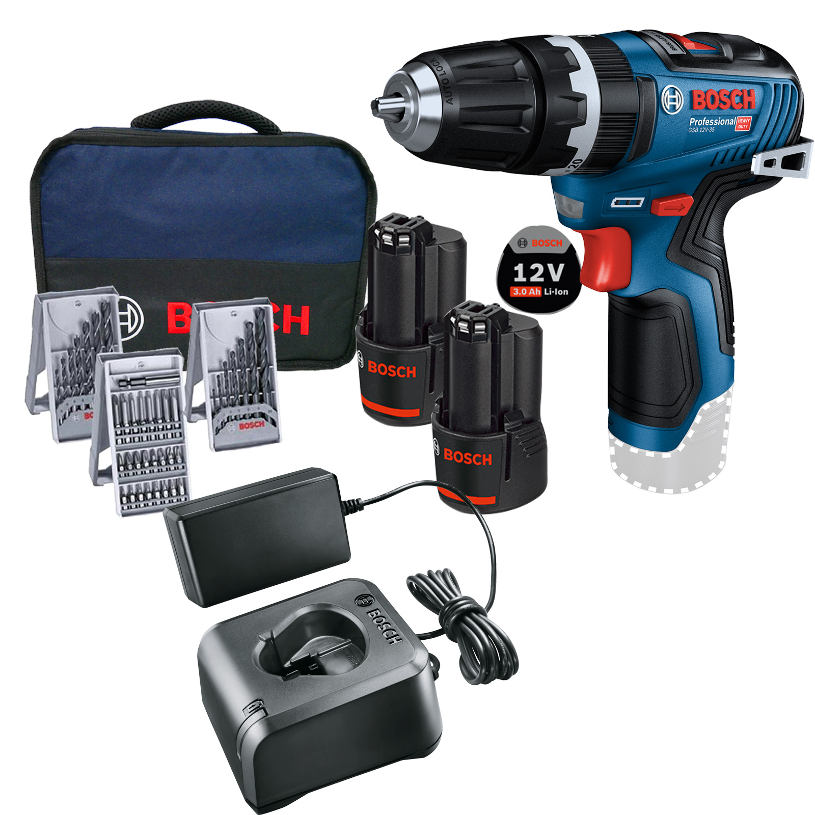 Bosch Akku-Schlagbohrmaschine GSB 12V-35 / 2x 3,0 Ah Akku + Ladegerät inkl. Zubehör-Set im Softbag
