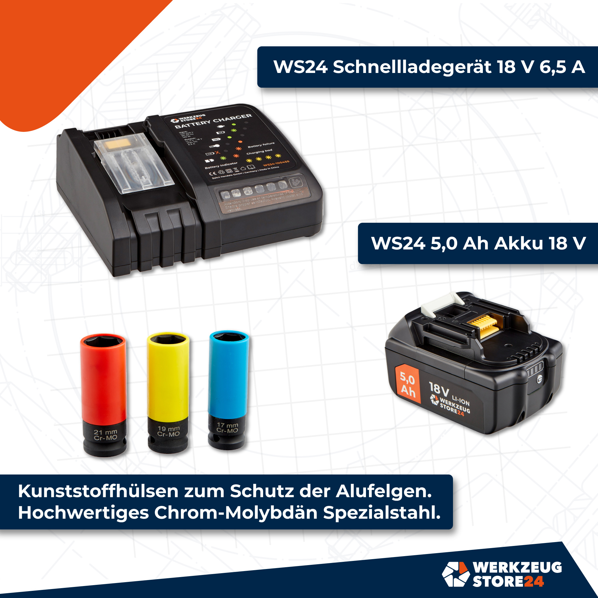 WS24 Akku-Drehschlagschrauber WDS 18V 1/2" 1.600 NM / 1x 5,0 Ah Akku + Schnellladegerät inkl. Steckschlüsseleinsätze