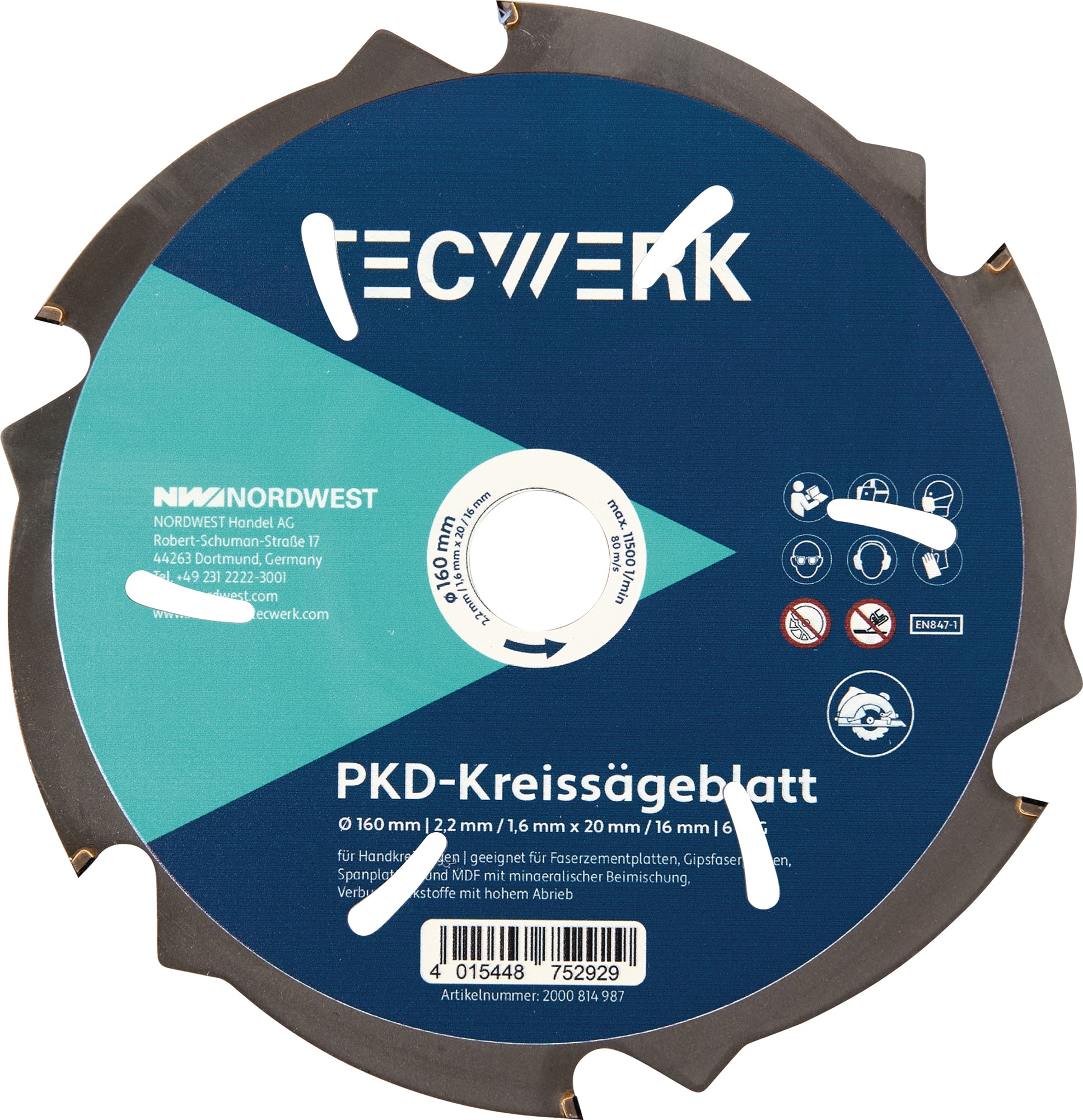 Handkreissägeblatt AD 190mm Z.6 PKD Schnitt-B.2,2mm TECWERK