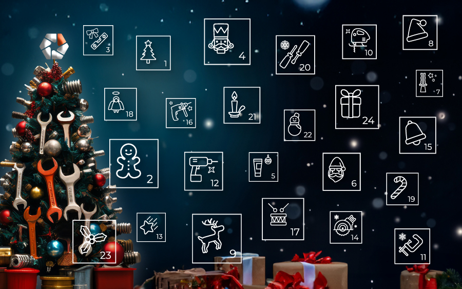 Weihnachtsbanner mit dekoriertem Baum, Werkzeug-Icons und Geschenken