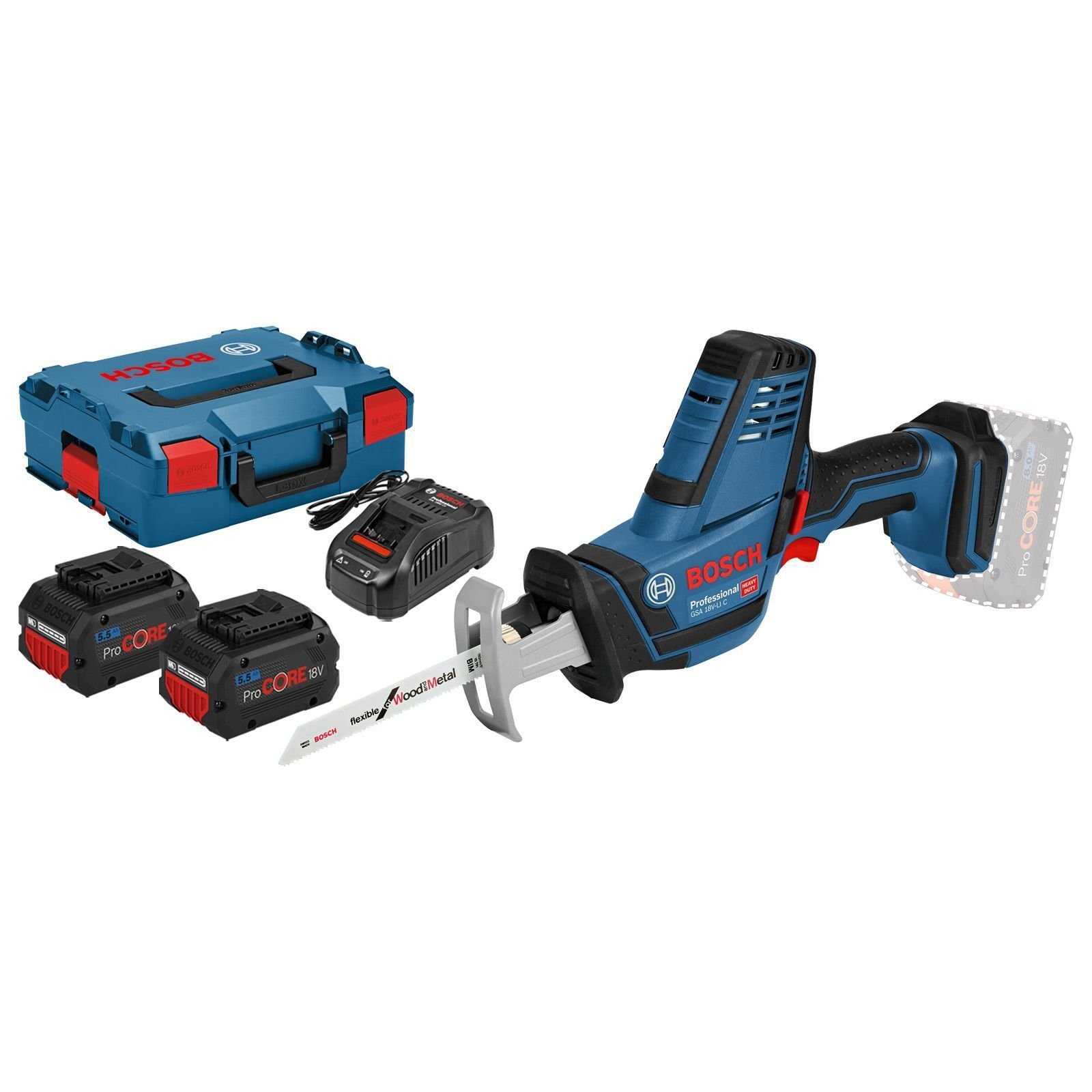 Bosch Akku-Säbelsäge GSA 18V-LI Compact / 2x 5,5 Ah ProCORE18V Akku + Ladegerät in L-Boxx