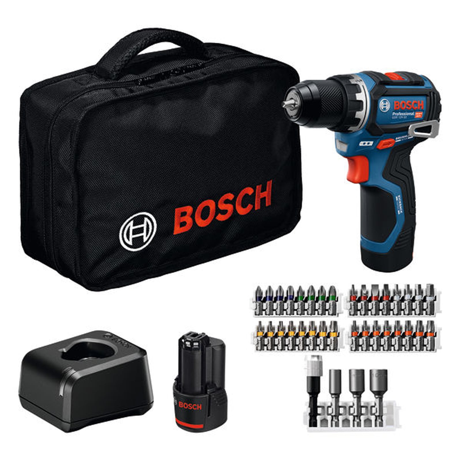 Bosch Akku-Bohrschrauber GSR 12V-32, 2x GBA 12V 2.0Ah, 36-tlg. Zubehör, Werkzeugtasche