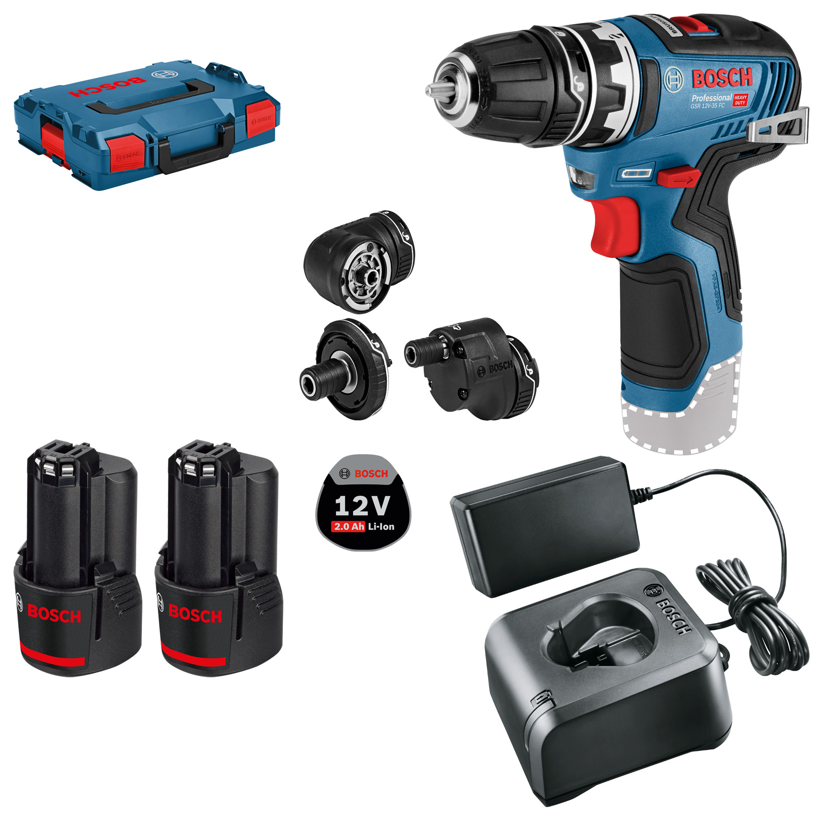 Bosch Akku-Bohrschrauber GSR 12V-35 FC FlexiClick / 2x 2,0 Ah Akku + Ladegerät inkl. 4 Aufsätzen in L-Boxx