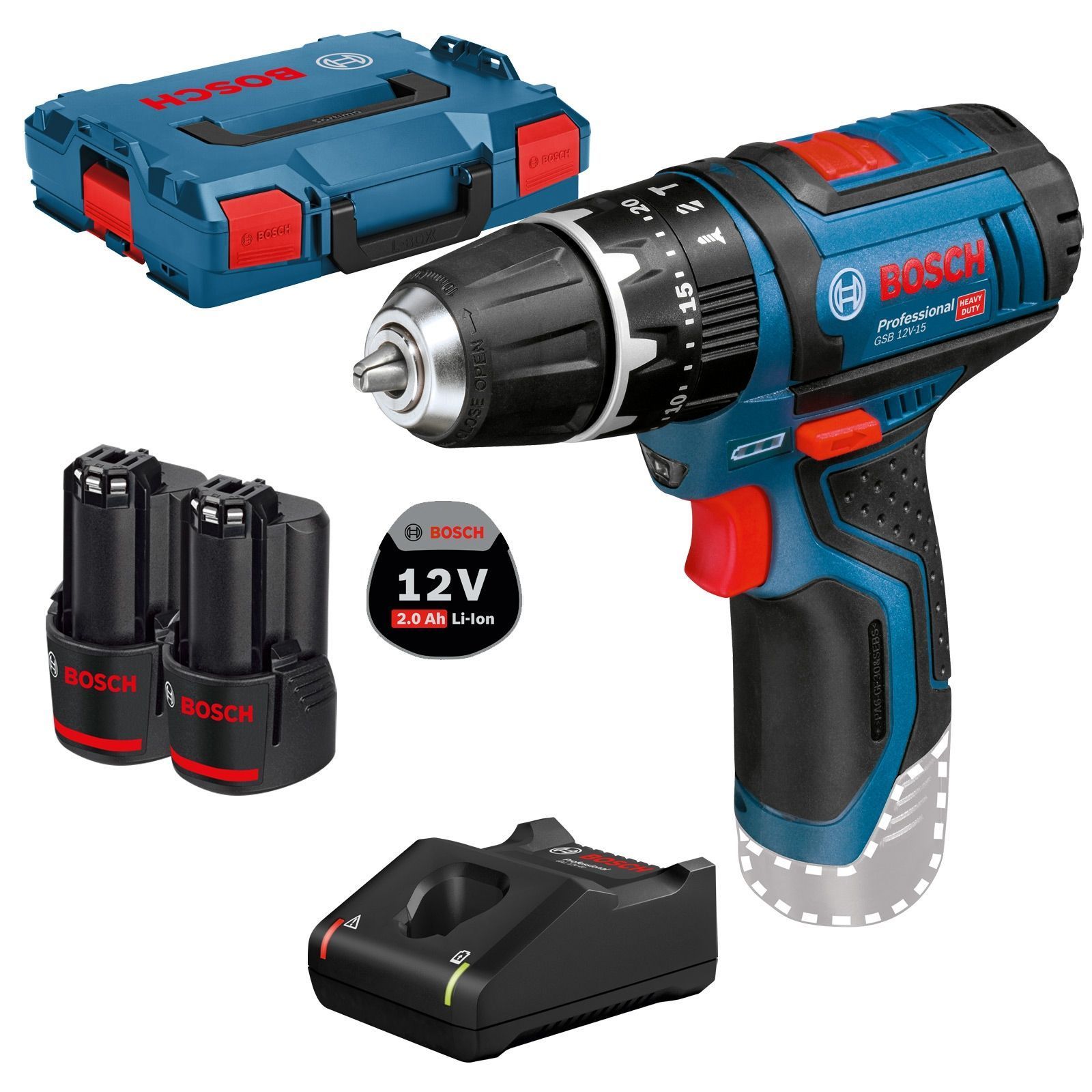 Bosch Akku-Schlagbohrschrauber GSB 12V-15 Professional 12 V / 2x 2,0 Ah Akku + Ladegerät in L-Boxx - 06019B6906