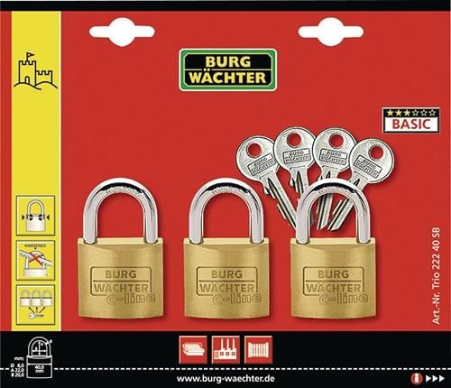 BURG-WÄCHTER Vorhangschloss-Set Trio 222 40 Bügel-S.6mm Bügel-H.22mm - TRIO 222 40 SB
