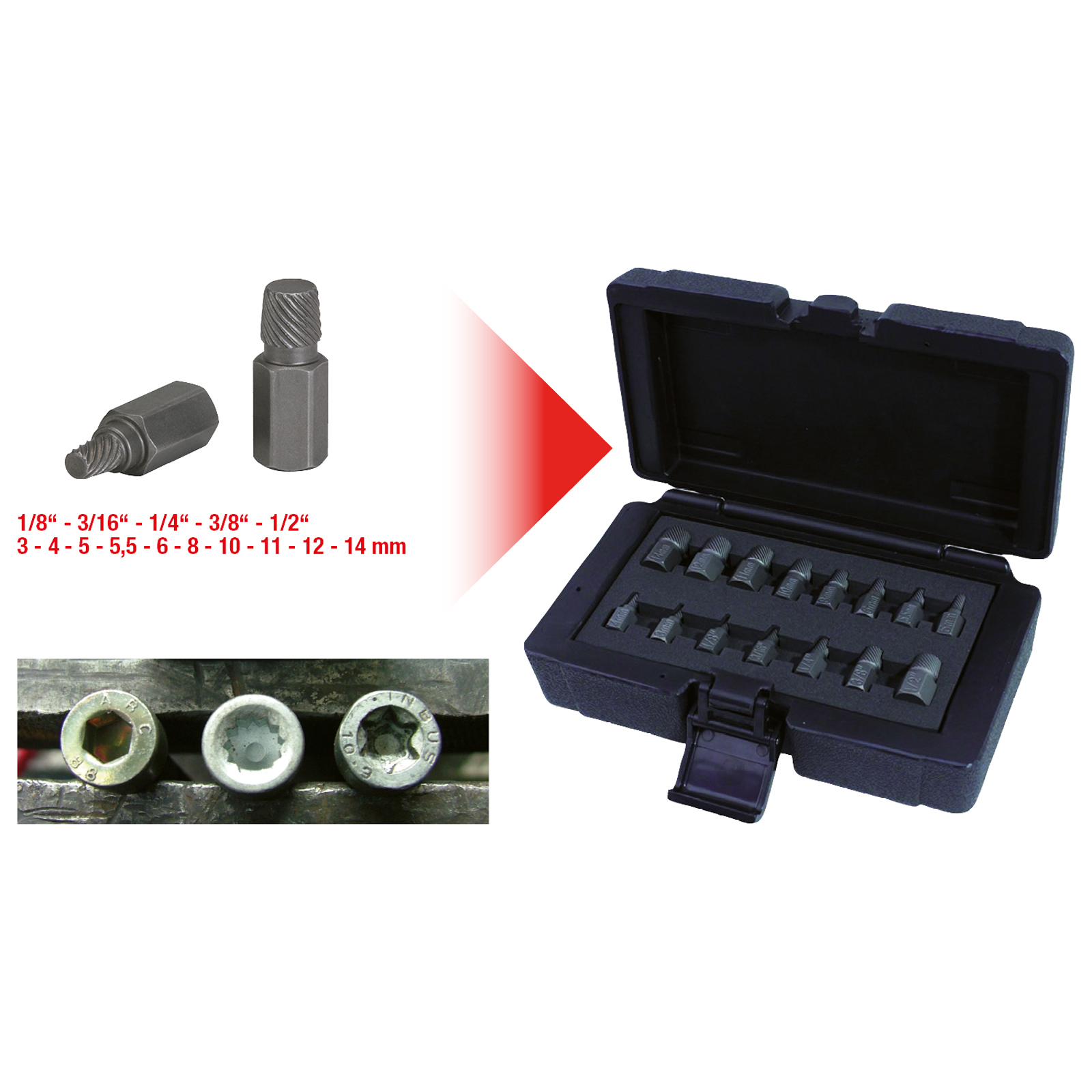 KS TOOLS Spiral-Schrauben- und Bolzenausdreher-Satz 15tlg. - 150.1385