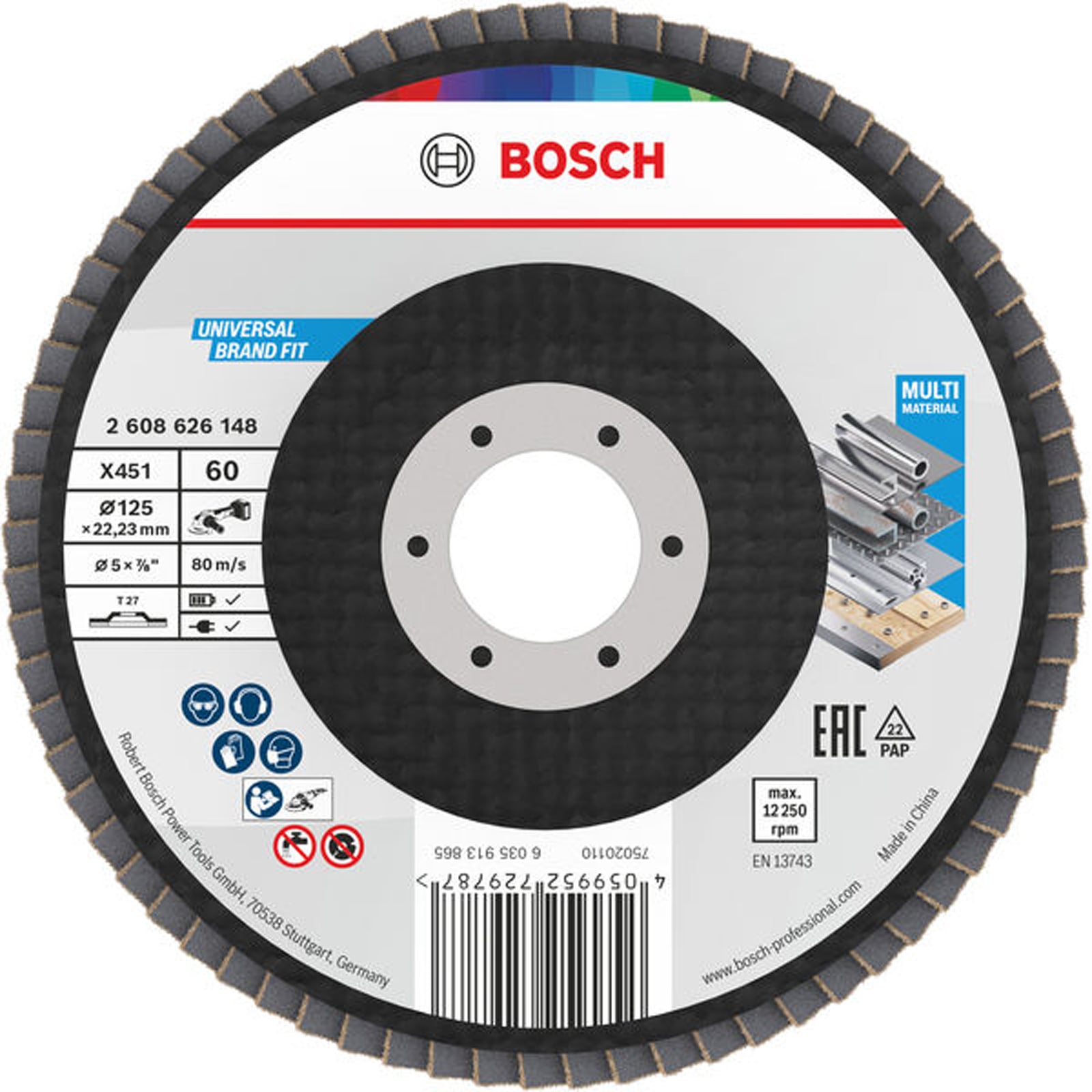 Bosch X451 Fächerschleifscheibe, 125 x 22,23 mm, K60, Z27, 15-tlg