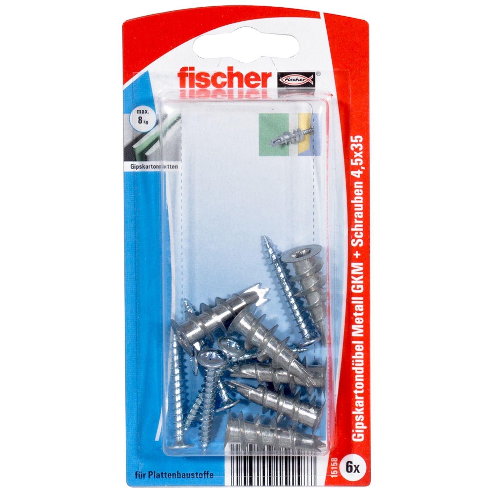 Fischer 6x Gipskartondübel Metall GKM S mit Schraube - 15158