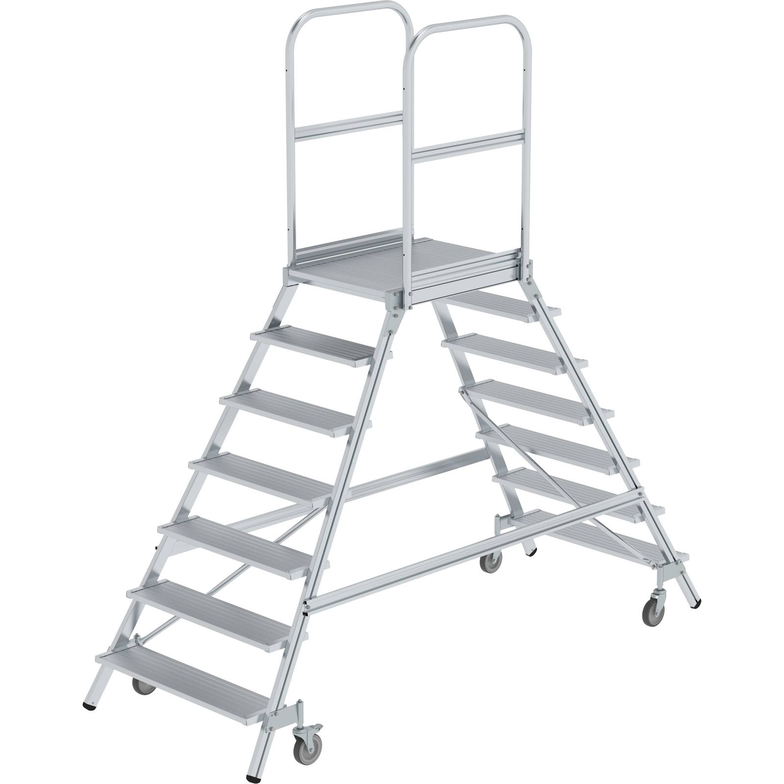 Günzburger Steigtechnik Podesttreppe beidseitig begehbar mit Federrolle Aluminium geriffelt 2x7 Stufen - 050207