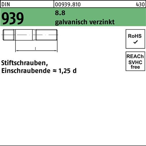 Stiftschraube DIN 939 M16x70 8.8 galv.verz. Einschraubende=1,25d 10St.