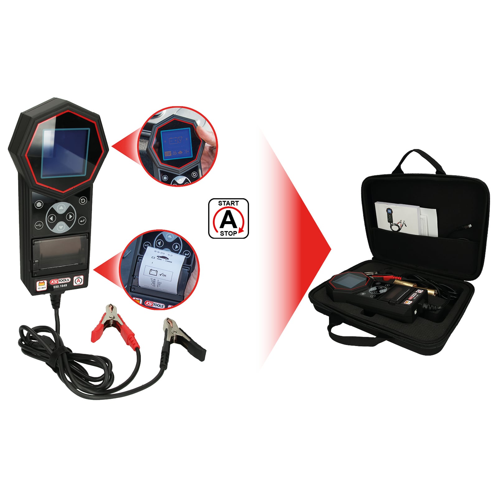 KS TOOLS 12V / 24V Digital-Batterie- und Ladesystemtester mit integriertem Drucker - 550.1649