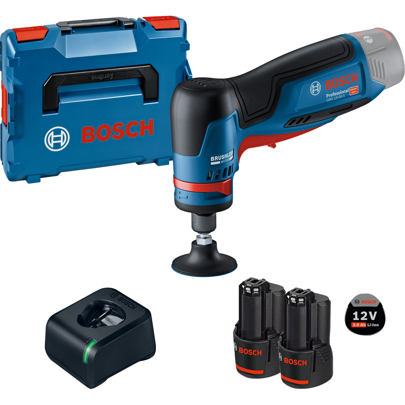 Bosch Geradschleifer GWG 12V-50 S / 2x 3,0 Ah + Ladegerät in L-Boxx 102