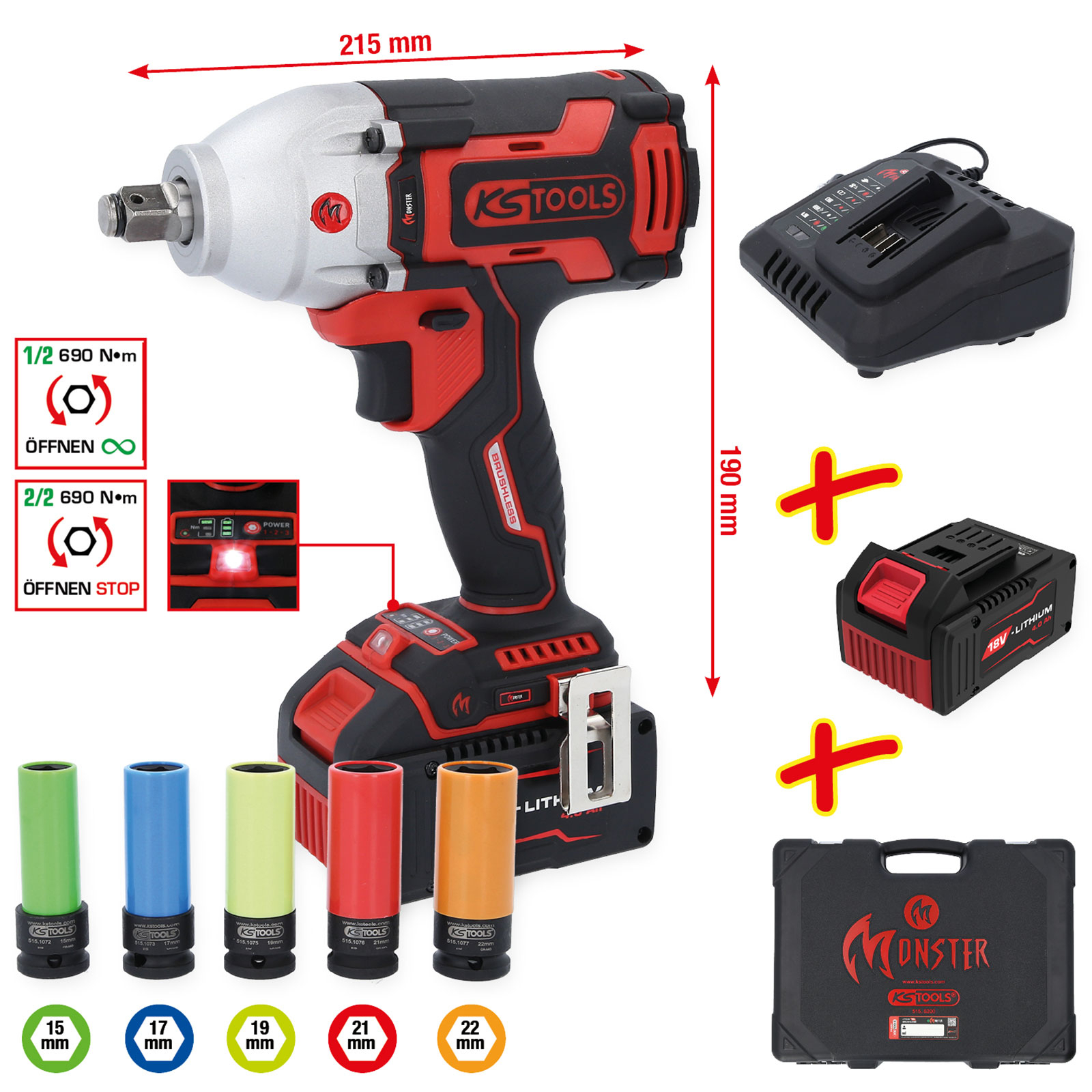 KS TOOLS eMONSTER 1/2" Brushless-Akku-Schlag-Schrauber-Satz 9tlg. - 515.6100