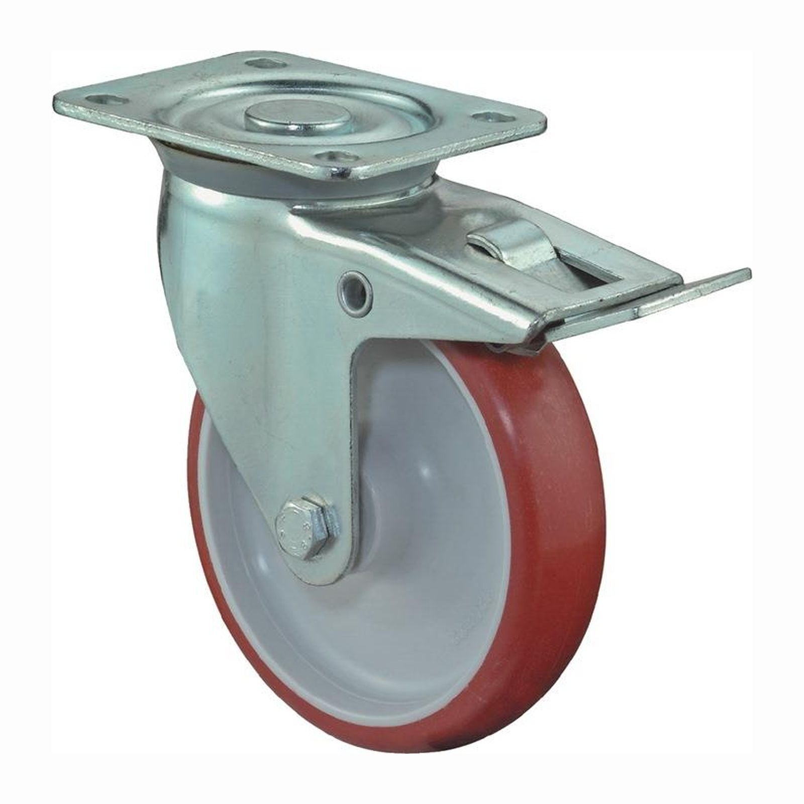 BS Rollen Lenkrolle mit Totalfeststeller und Anschraubplatte Polyurethan rot Rollenlager