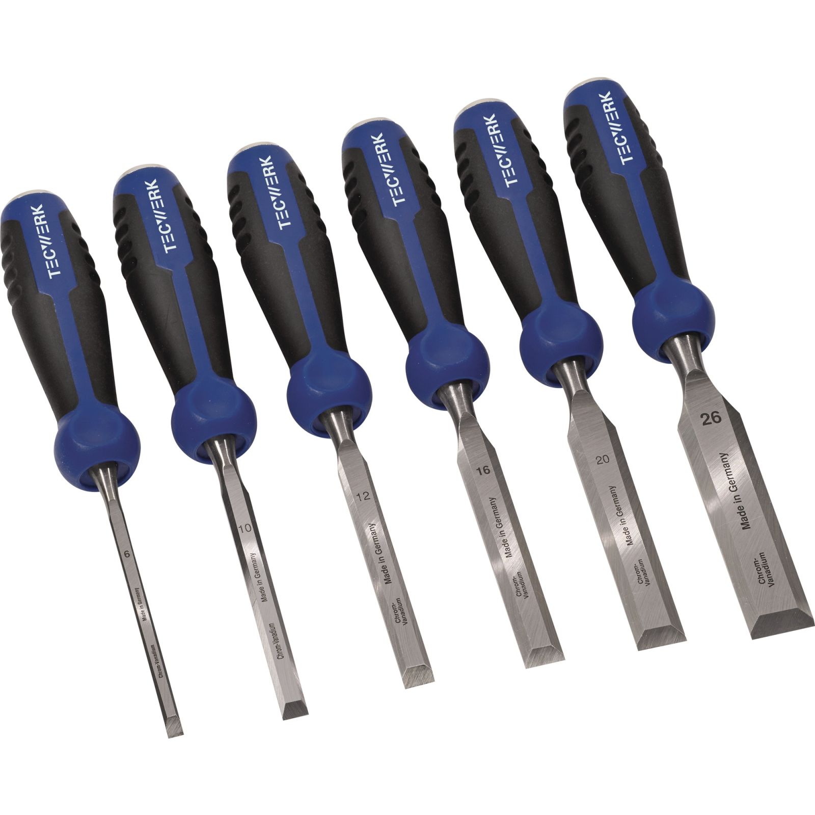 Stechbeitelsatz 6,10,12,16,20,26mm 2-K Heft.m.Schlagknopf 6-tlg.Krt.TECWERK