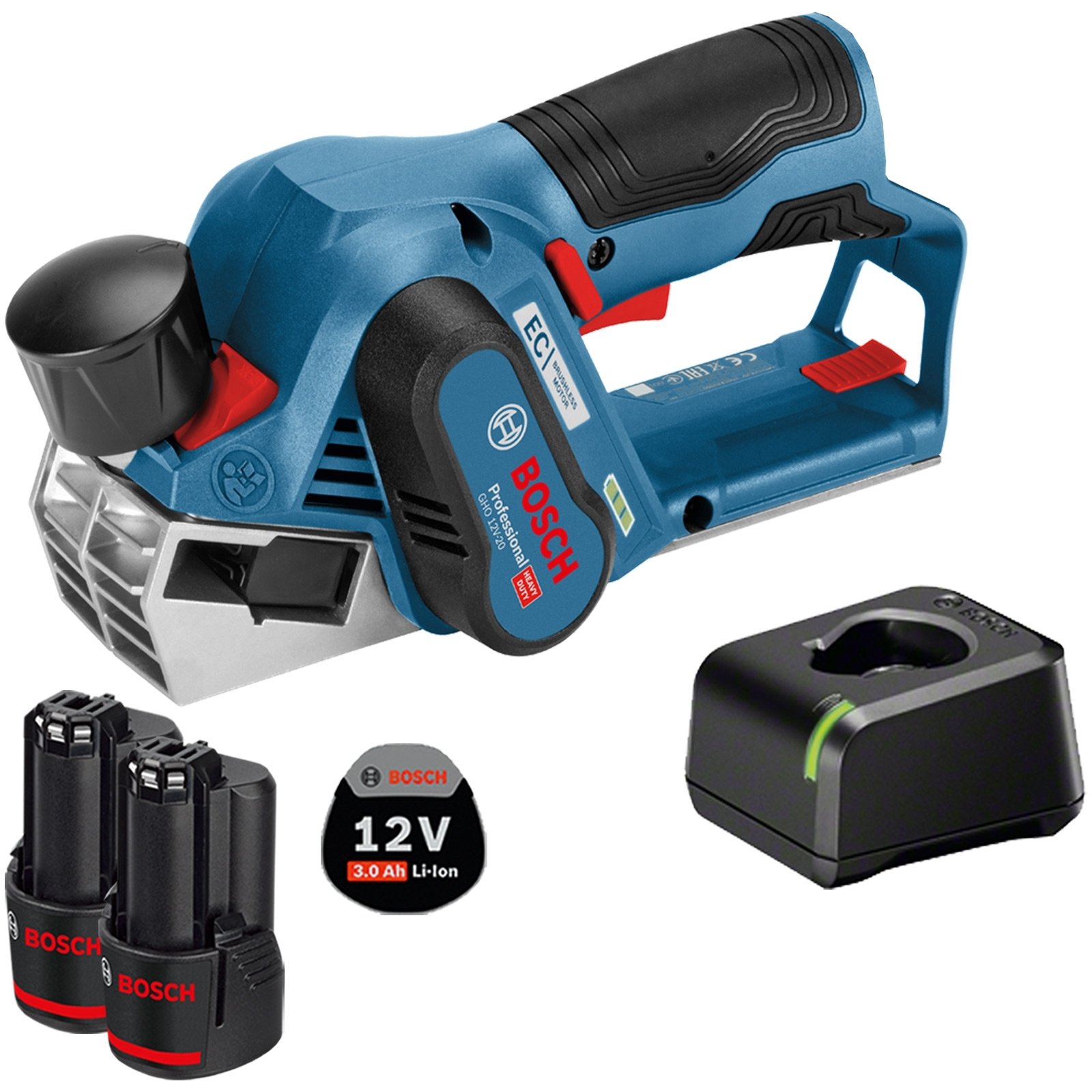 Bosch Akku-Hobel GHO 12V-20 12 V / 2x 3,0 Ah Akku + Ladegerät 