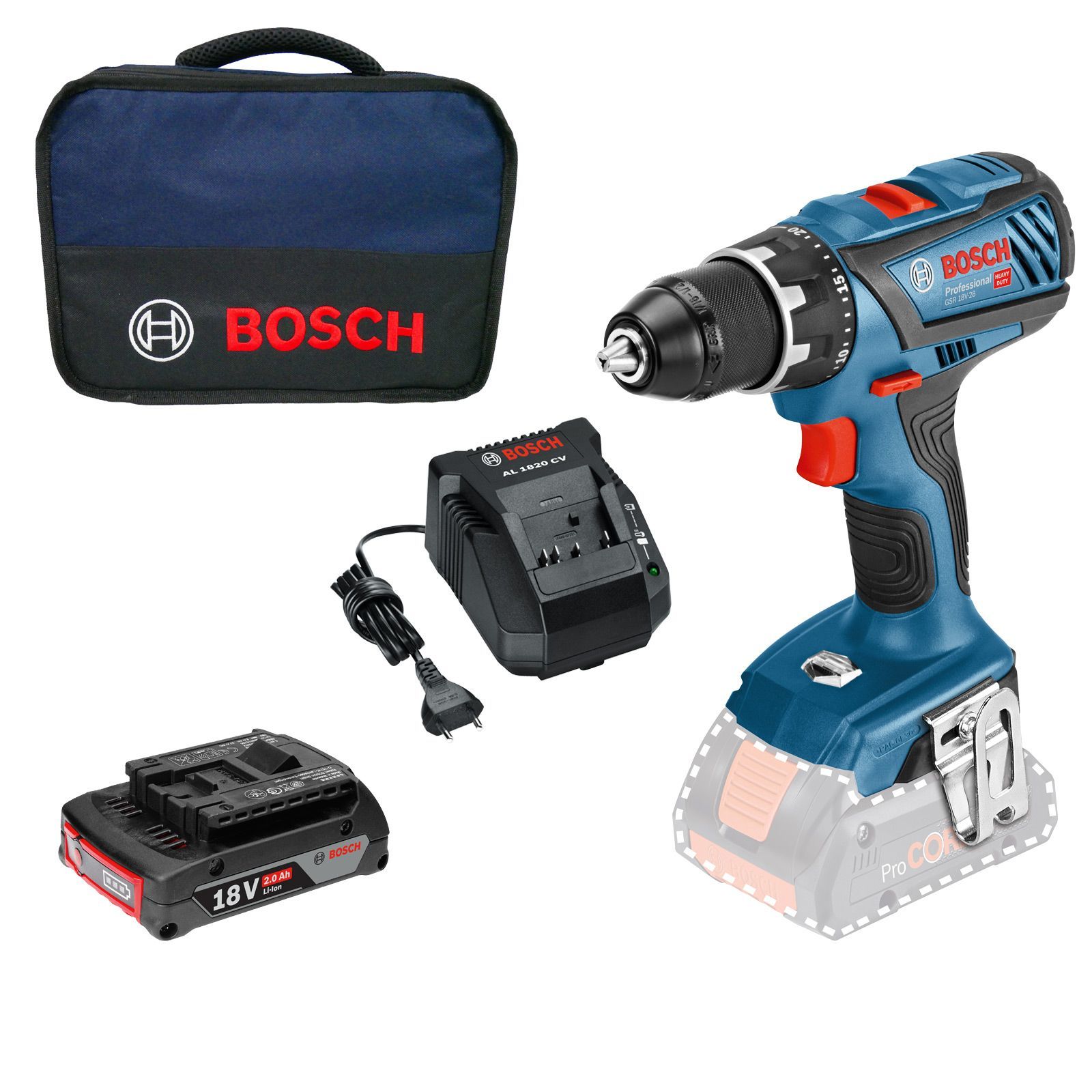 Bosch Akku-Bohrschrauber GSR 18V-28 / 1x 2,0 Ah Akku + Ladegerät im Softbag