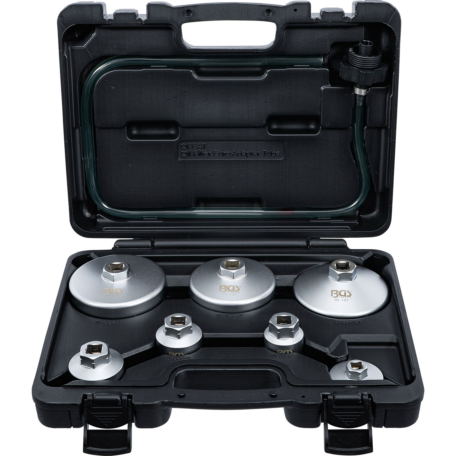 BGS Ölfilterschlüssel-Satz mit Ölfilter-Ablassschlauch für VAG / BMW / Citroën / Peugeot / Ford / Mercedes-Benz / Opel / Volvo 8tlg. - 72054