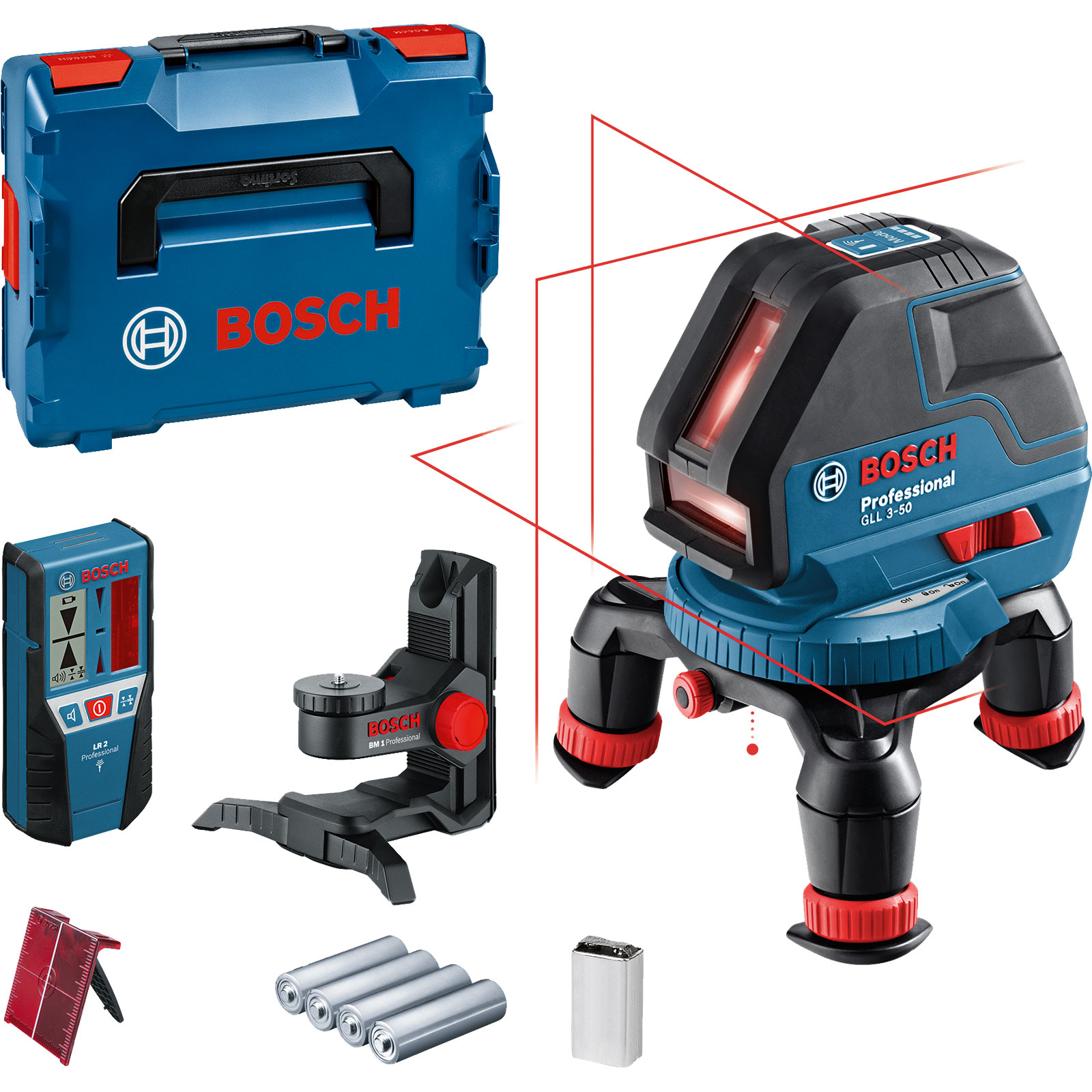 Bosch Linienlaser GLL 3-50 / 1x 9 V-Blockbatterie + 4x 1,5 V-LR6-Batterie inkl. LR2 + BM1 + Laserzieltafel in L-Boxx - 0601063803