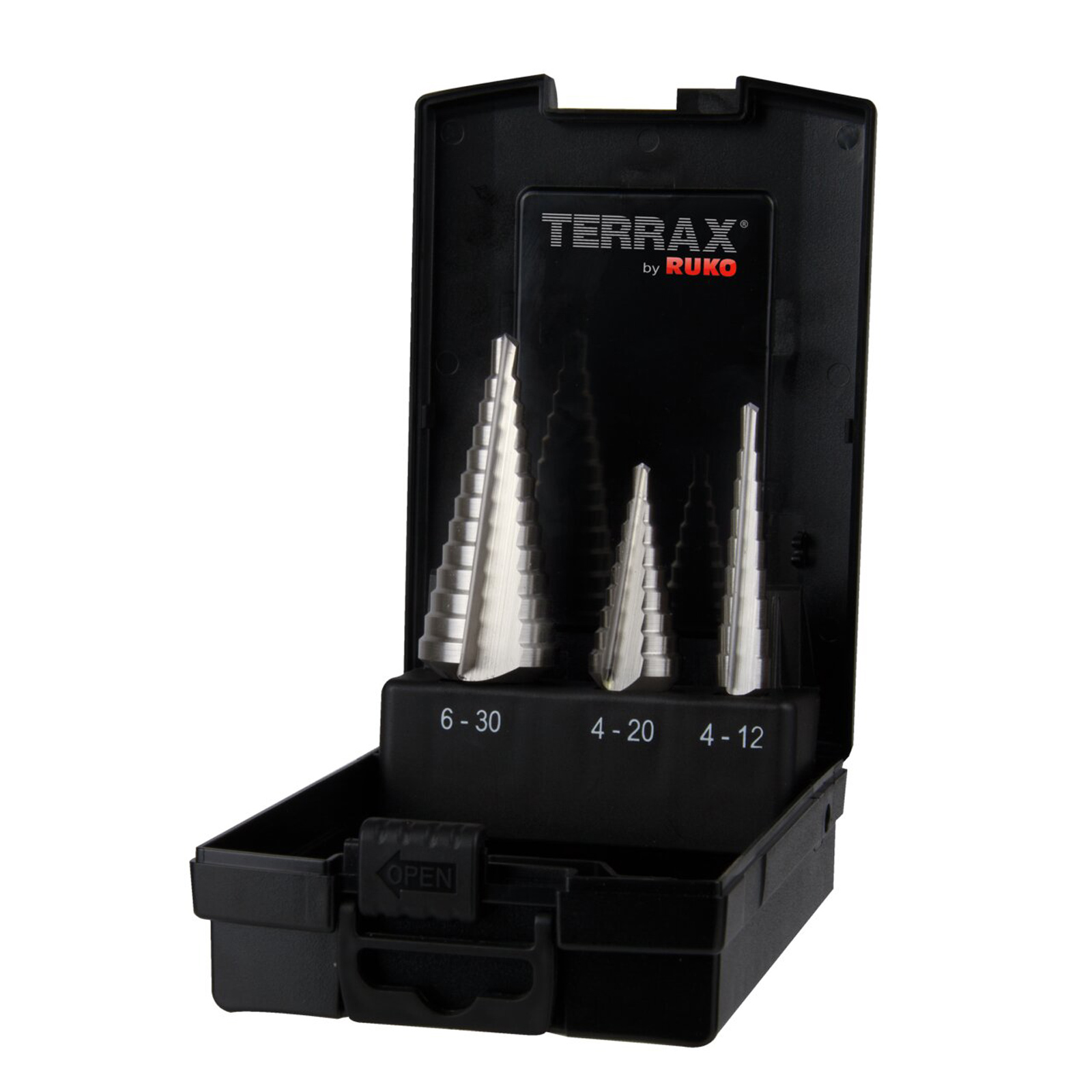 TERRAX by RUKO Stufenbohrer-Satz HSS, gerade Nut - 3 tlg. (Kassette Kunststoff) - A101126RO