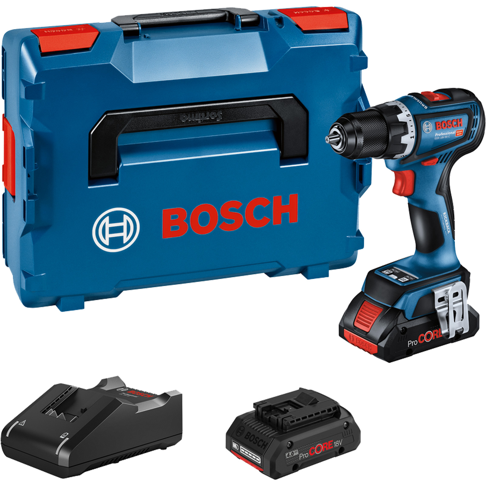 Bosch Akku-Bohrschrauber GSR 18V-90 C 2x 4,0 Ah ProCORE18V Akku + Ladegerät inkl. Bluetooth-Modul in L-Boxx - 06019K6005