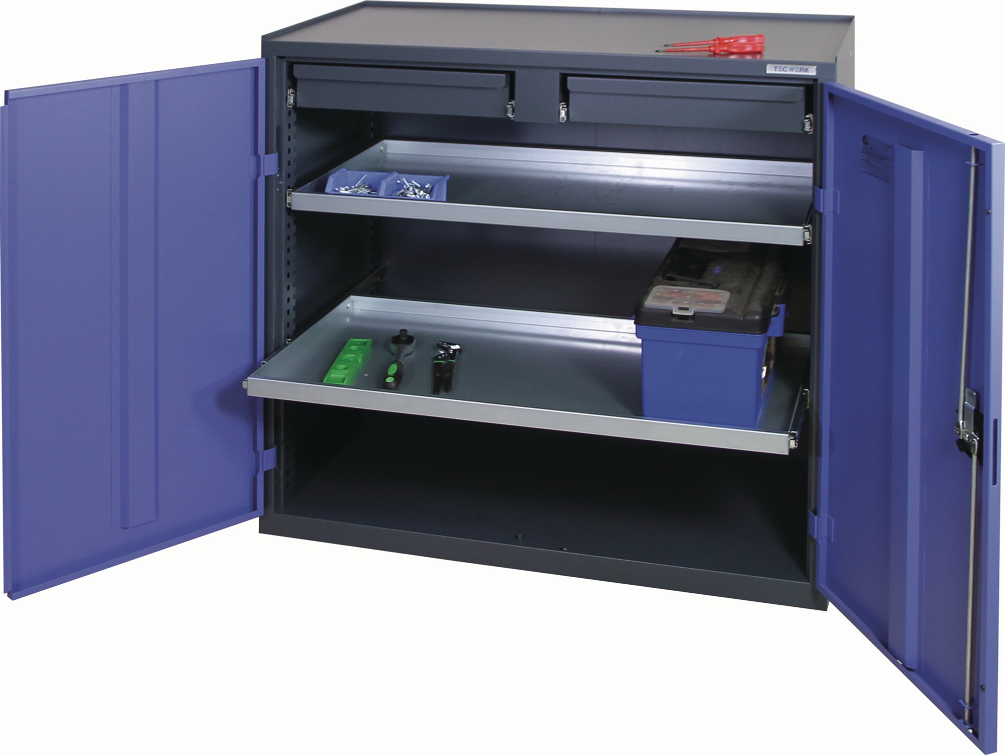 Werkzeug-/Beistellschrank H1000xB1000xT500mm 2Schubl.,2Bd.anthrazit/blau TECWERK